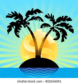 The sun dollar rises over a  offshore island. Financial concept.