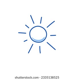 Sun doodle. Hand drawn sketch doodle style sun. Blue pen line stroke isolated element. Summer sky concept. Vector illustration.