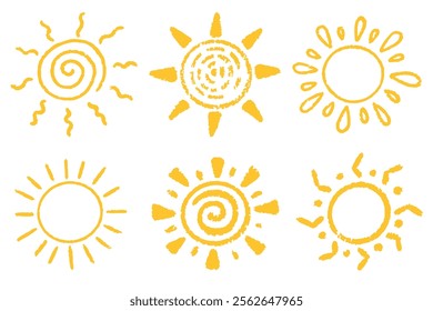 Sun doodle icons. Cartoon summer hand drawn abstract sketch. Cute grunge yellow symbol of sunset. Pencil vector spiral illustration on white background. Chalk and crayon drawing.