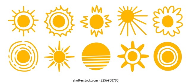 Sun doodle icons design bundle collection. Hand drawn nature heat symbol.
