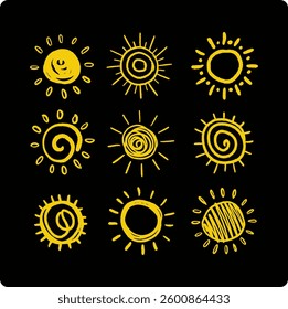 Sun doodle icons design bundle collection. Hand drawn nature heat symbol vectors isolated on black background. 