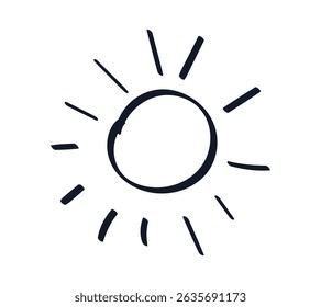 Sun Doodle isolated for kids design. Black ink shape with Rays. Hand drawn marker outline symbol of Sunny weather. Black and white sketch Luminary. Simple children comic style. Vector illustration