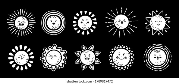 Sun doodle set. Emoji summer emoticons. Hand drawn cute white suns. Funny flat childish sunny emoticons collection. Smiling sun with sunbeams cartoon character. Isolated vector illustration