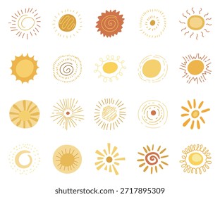 Conjunto de Formas de doodle de sol que ilustra símbolos circulares dibujados a mano con formas de rayos variados para proyectos de diseño decorativo abstracto cálido Elementos