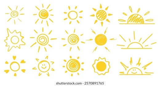 Sun doodle style set for summer design. Sun, sunset, sun rays and sun light yellow line collection. Variations of hand drawn icons. Vector graphics