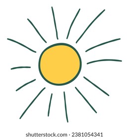 Sol en forma de doodle, elemento único, aislado. Ilustración vectorial dibujada a mano que imita a un niño, dibujo infantil para tarjetas de felicitación, afiches, pegatinas y diseño estacional.