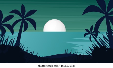 Sun Down in beach with coconut tree landscape Vector 