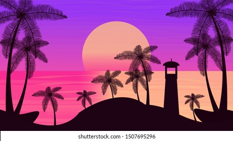 Sun Down Beach With lighthouse colorful Landscape