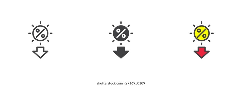 Sun with downward arrow discount different style icon set. Line, solid and filled outline colorful icon, vector sign and symbol. Seasonal sale icon.