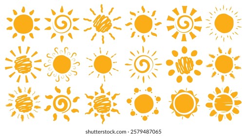 Sun drawing clipart icon set. Yellow sun in doodle and hand drawn clip art symbol collection with scribble and spiral graphic design vector illustration.
