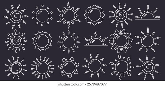 Sun drawing clipart icon set. Sun in doodle and hand drawn clip art collection with line sunrays vector illustration in black background.
