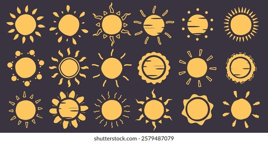 Sun drawing clipart icon set. Yellow sun clip art in hand drawn and doodle sunrays symbol collection in black background vector illustration.
