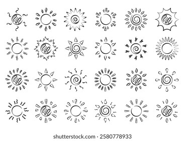 Sun drawing clipart icon set. Sun symbol in doodle, hand drawn, scribble and spiral clip art collection with sunrays vector illustration design elements.
