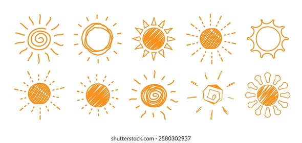 Sun drawing clipart set. Yellow sun clip art in doodle hand drawn symbol and icon collection with variety of sunrays vector illustration.
