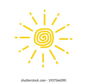 El sol es dibujado por el niño. Divertidos soles vectoriales. Dibujado a mano. Verano, luz solar. Ilustración de niños vectores aislados en fondo blanco. 

