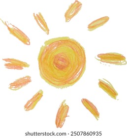 Sun drawn by hand with yellow pencil on isolated background