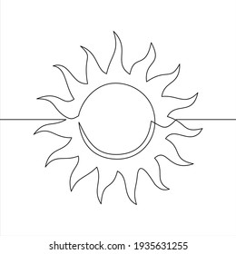 The Sun Is Drawn By One Black Line On A White Background. One-line Drawing. Continuous Line.