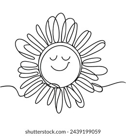 The sun is drawn by one black line on a white background. Continuous line. Vector