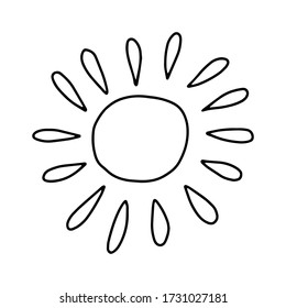 Die Sonne wird im Doodle-Stil gezeichnet.Zeichnung in der Umrisslinie von Hand.Schwarz-Weiß-Bild.Monochrome.Wärme und Reisen, Rekreation.Vector-Illustration