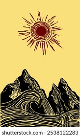 A sun is drawn on a yellow background with mountains in the background. The sun is large and bright, and the mountains are small and dark. Scene is peaceful and serene, with the sun in Japanese art
