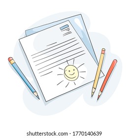 Sol dibujado en lápices sobre un documento. Ilustración vectorial.