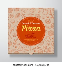 Sun Dried Tomato Pizza Realistic Cardboard Box. Abstract Vector Packaging Design or Label. Modern Typography, Sketch Seamless Pattern of Mushrooms, Sausages. Craft Paper Background Layout. Isolated.