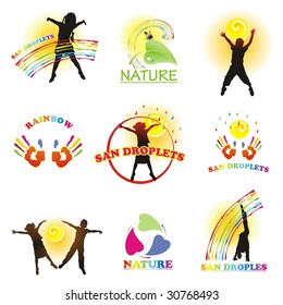 Sun droplets. Set of symbols. Children, sun, nature, and rainbow paints.