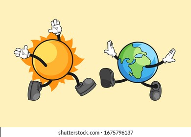 Sun and earth cartoon illustration with a happy encounter