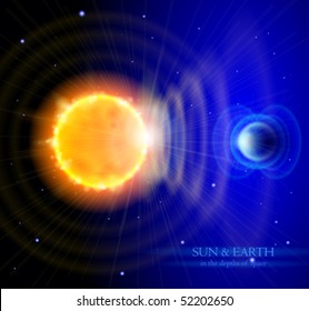 Sun and Earth in the depths of space. Scheme of solar radiation and electromagnetic field of the Earth. Eps10