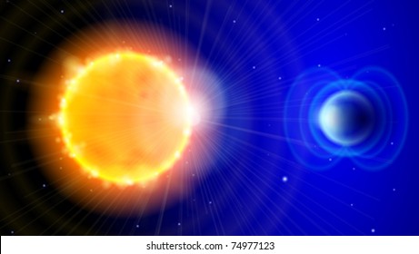 Sun and Earth in the depths of space. Scheme of solar radiation and electromagnetic field of the Earth. Eps10