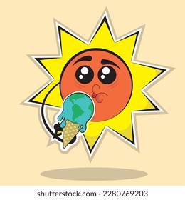 Sun and earth, global warming, sun eats ice cream, vector image, icon, clipart
