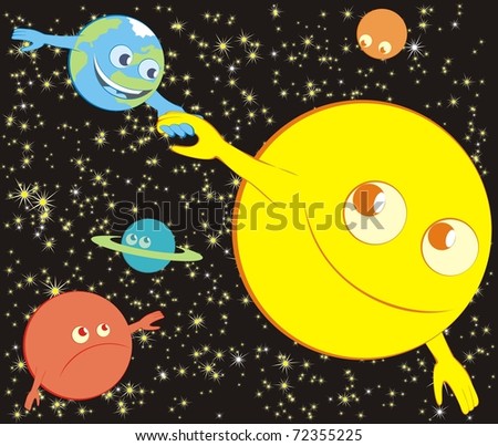The sun and the earth holding each other by the hand, enjoying the ride through the solar system / with other planets looking on enviously - color vector cartoon illustration