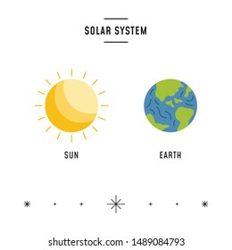 Sun and Earth illustrations in vector. Isolated flat colorful pieces of Solar System. Cosmic objects for print and digital design. Banner, flyer, web, app.
