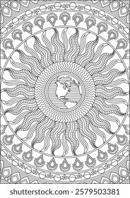 Sun earth mandala adult coloring page vector