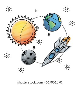 sun and earth with mercury and rocket exploration