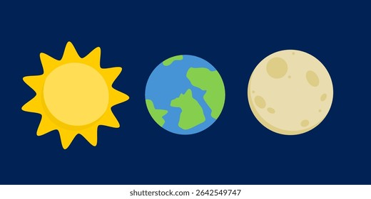 Dibujos animados de Sol, Tierra y Luna. Ilustración de elemento espacial. Puede ser utilizado para el Fondo de pantalla, la etiqueta engomada y la habitación de la decoración del niño 