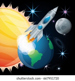 sun and earth with moon and rocket