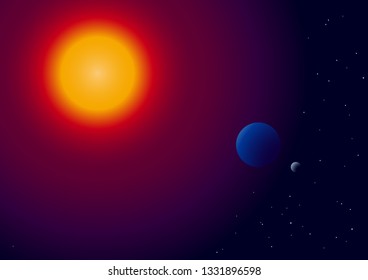 Sun, earth and nmoon on the space. Vector background