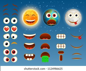 Sun Earth planet and Moon emoji maker, smiley creator. Vector set of emoticon body parts for your own cool emoji creation.