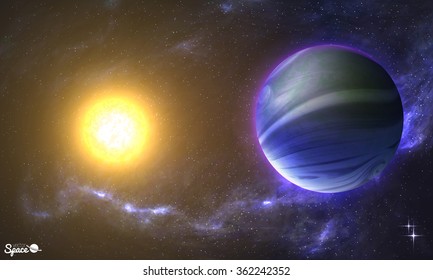 The sun and Earth-like planet from space point of view on cosmic background. Vector illustration for your presentations, prints, artworks, or other design.