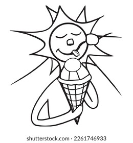 Sun eating ice cream, out-line simple drawing Design. isolated on white. eps10. creative idea.  