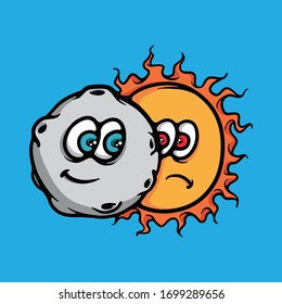 Sun eclipse. Celestial event vector concept. Happy moon and sad sun character. Space object illustration isolated on blue background