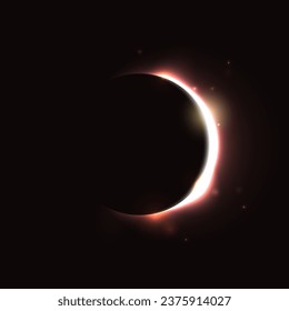Sun eclipse concept. Light golden moon glow background. Solar or planet eclipse in dark space. Hot yellow orange star surface flare with rays and beams effects. Vector crescent illustration