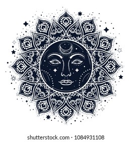 Sun eclipse concept. Vector illlustration of astronomy and astrology symbol. Vintage, Boho or gypsy style