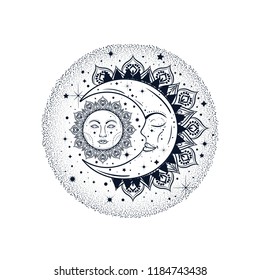 Sun eclipse concept. Vector illlustration of astronomy and astrology symbol. Vintage, Boho or gypsy style