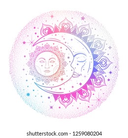 Sun eclipse concept. Vector illlustration of astronomy and astrology symbol in pastel colors. 80-90s style