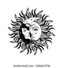 Sun eclipse concept. Vector illlustration of astronomy and astrology symbol. Vintage, Boho or gypsy style