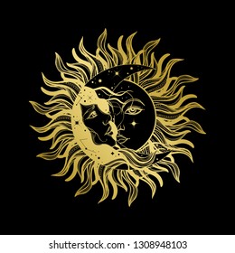 Sun eclipse concept. Vector illlustration of astronomy and astrology symbol. Vintage, Boho or gypsy style