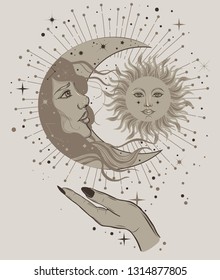 Sun eclipse concept. Vector illlustration of astronomy and astrology symbol. Vintage, Boho or gypsy style