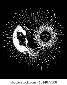 Sun eclipse concept. Vector illlustration of astronomy and astrology symbol. Vintage, Boho or gypsy style